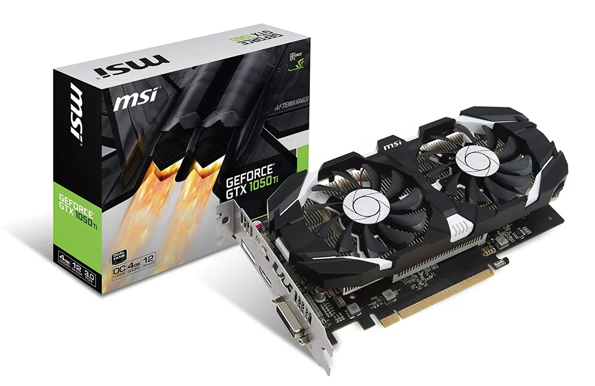 MSI GeForce GTX 1050 Ti graphics card with dual-fan cooler and metal backplate