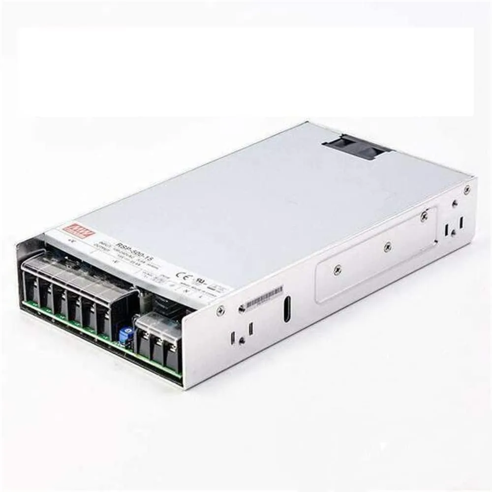 Rectangular metal power supply unit with built-in fan and terminal connections