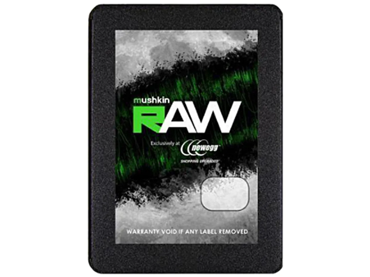 A black 2.5 inch SATA internal SSD with a metal casing and label showing Mushkin Enhanced RAW Series 120GB