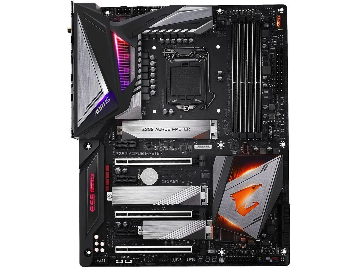 ATX motherboard with black heatsinks and integrated I/O shield