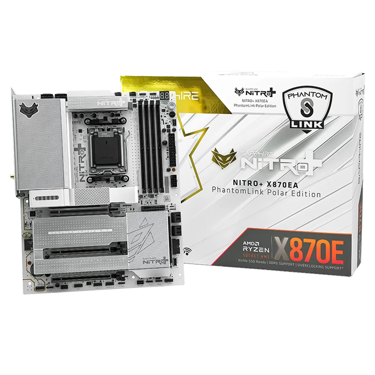 White ATX motherboard with silver heatsinks, full rear I/O shield and RGB lighting
