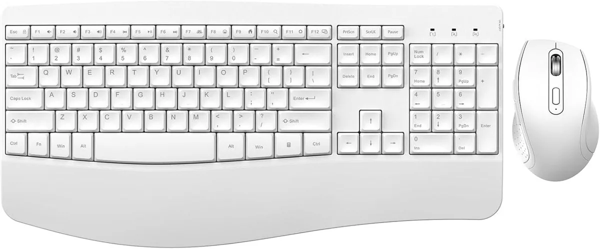 White full-size wireless keyboard with integrated palm rest and matching ergonomic mouse