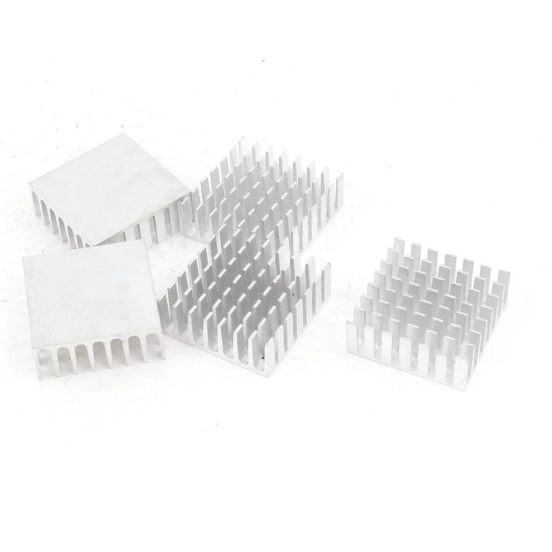 Five square silver aluminium heatsinks with finned tops