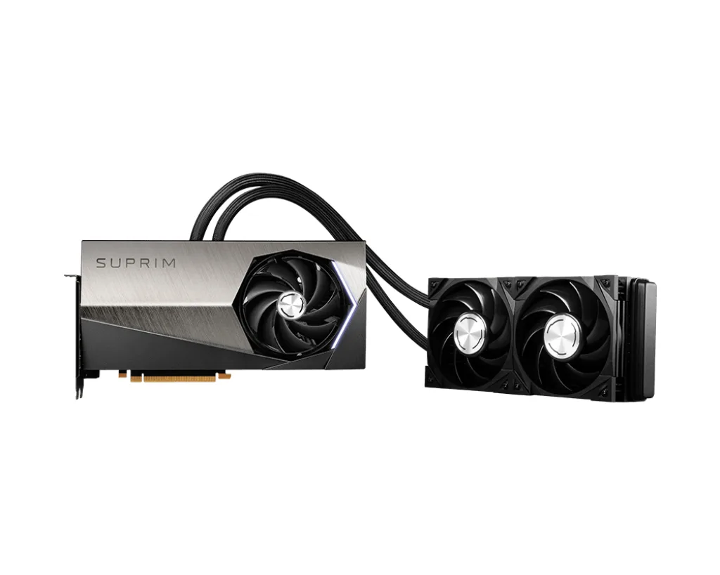 Silver liquid-cooled graphics card with black radiator and two fans