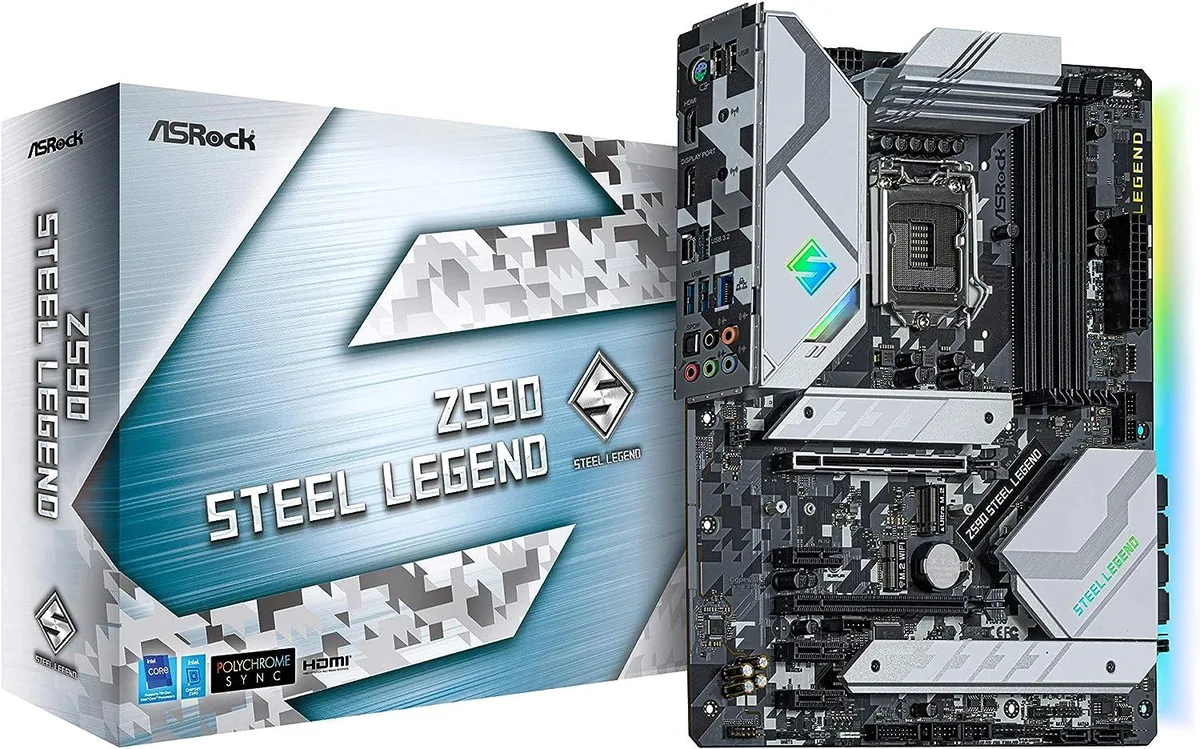 ATX motherboard with grey heatsinks and steel-reinforced PCIe slot