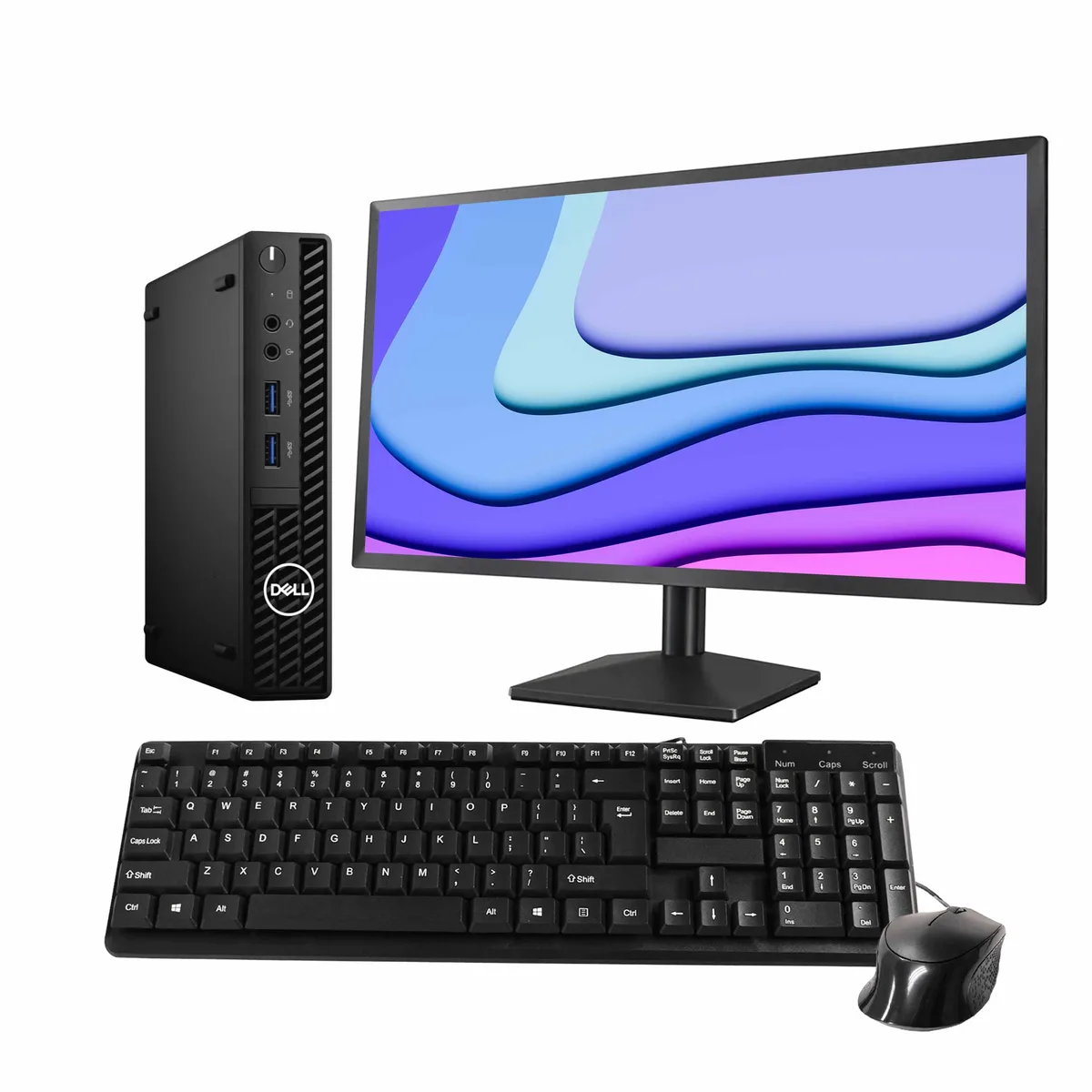 Compact black Dell OptiPlex 3090 Mini PC tower with 24 inch monitor keyboard and mouse