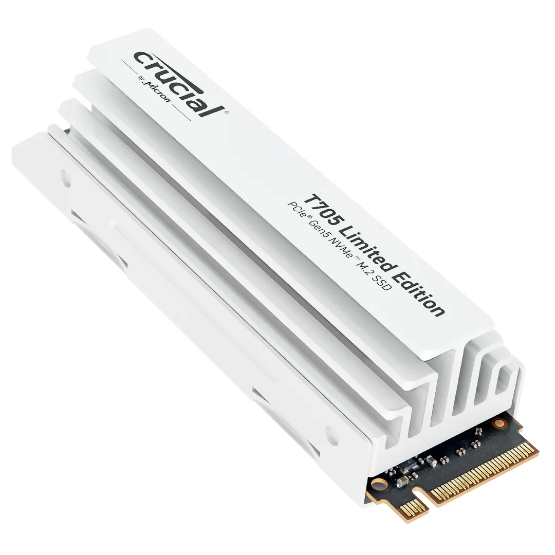 White aluminium and copper heatsink covering a compact M.2 2280 circuit board