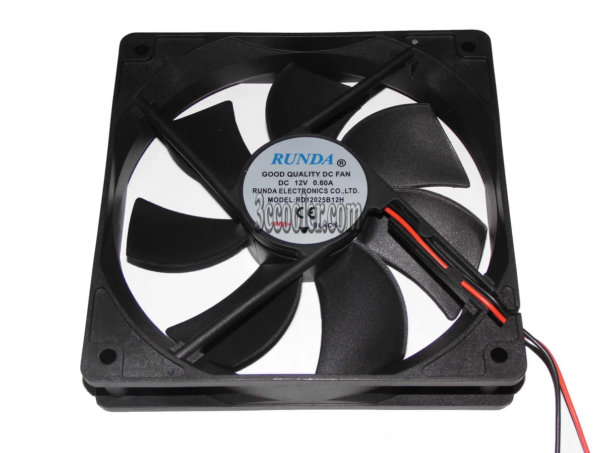 Black 120mm square cooling fan, 25mm thick, two-wire power connector