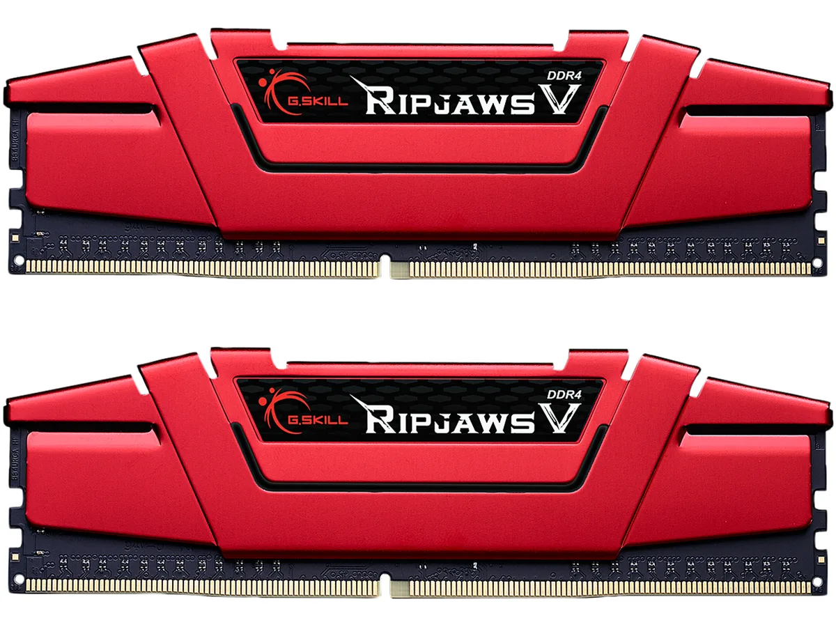 Two red DDR4 modules with aluminum heatspreaders, 42mm tall