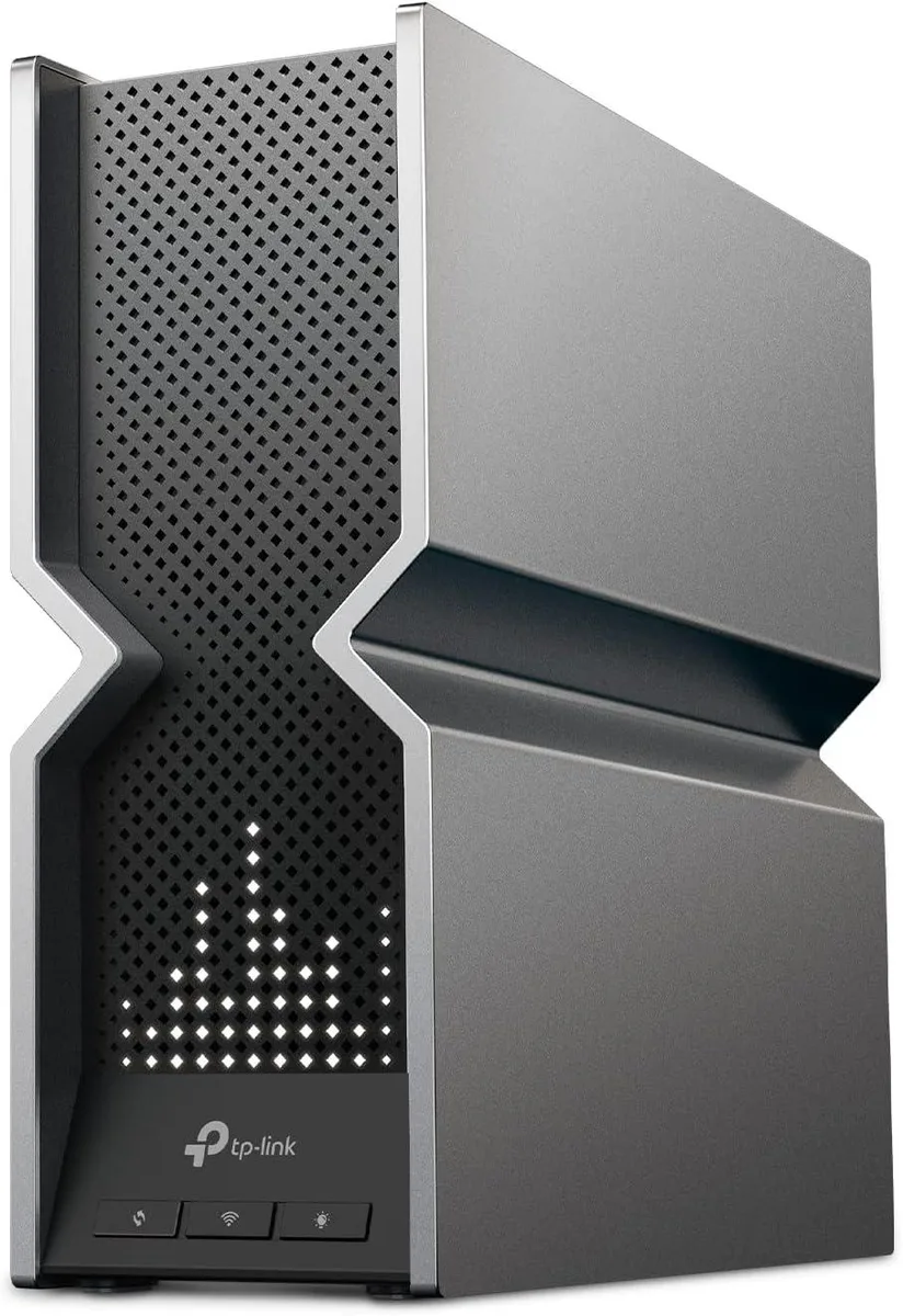 A tall black router with eight external antennas and a small front display