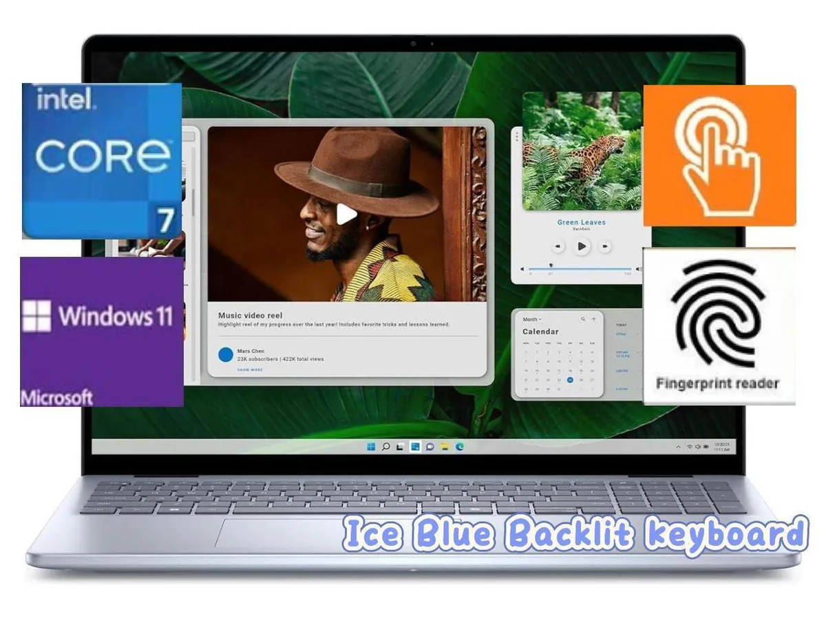 Silver 16-inch touchscreen laptop with ice-blue backlit keyboard and fingerprint reader
