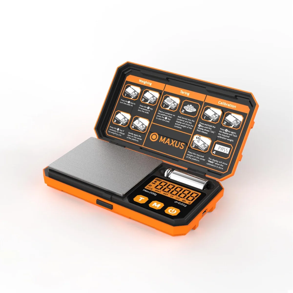 MAXUS D214 Pocket Scale 200g x 0.01g 50g Calibration Weight USB Cable — fotografie produktu