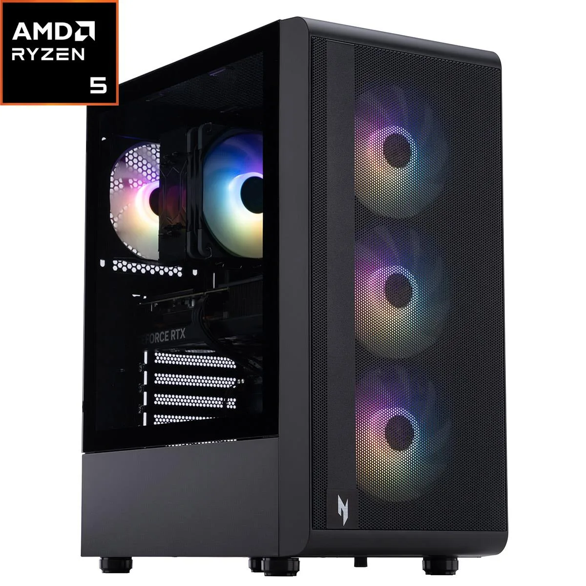 Black tower desktop with RGB lighting on the front panel