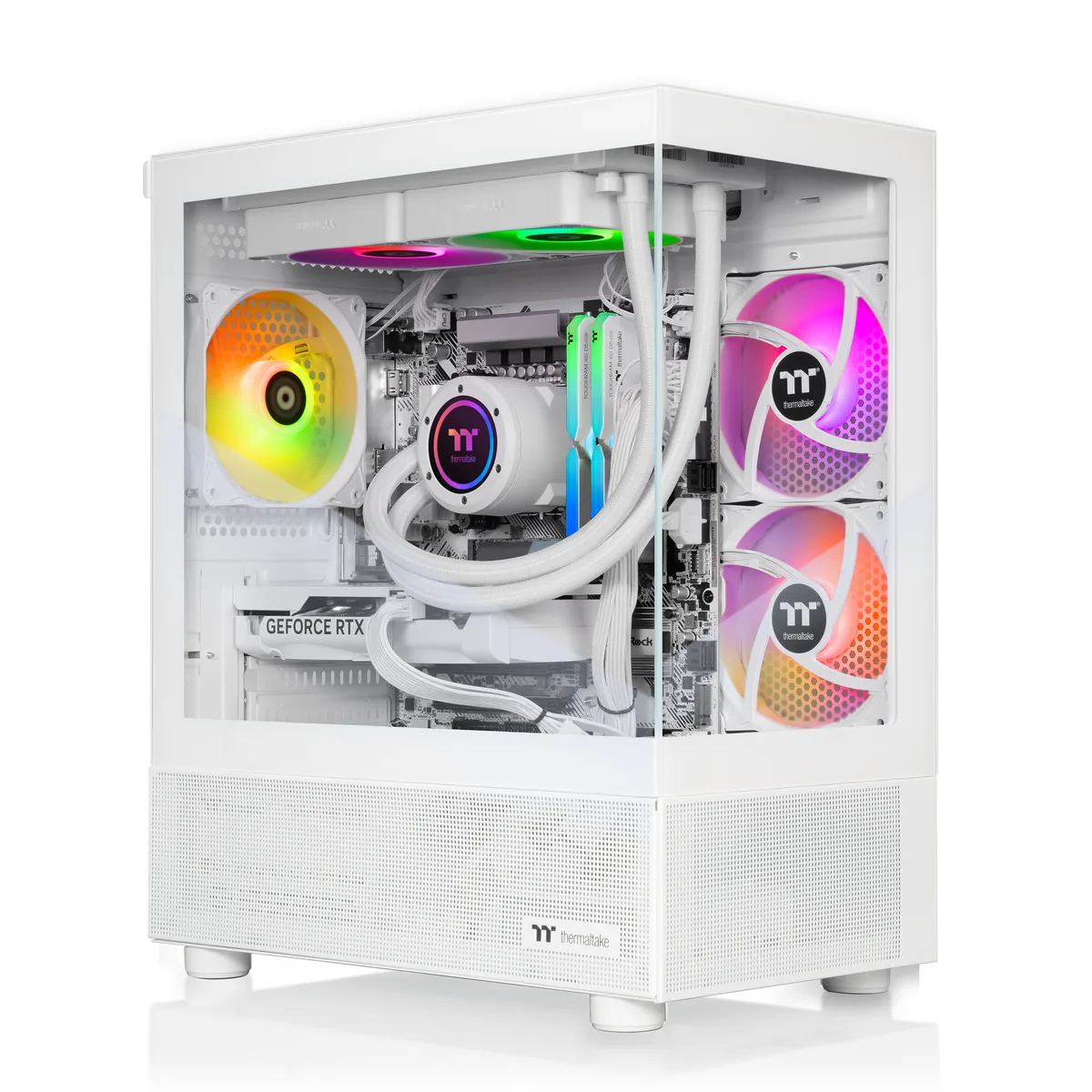 White mid-tower gaming desktop with ARGB liquid cooling visible through glass side panel