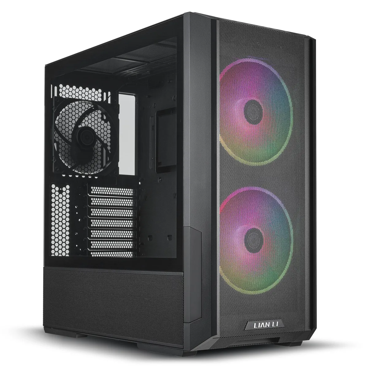Black steel mid-tower case with continuous front-top mesh, tempered glass side panels