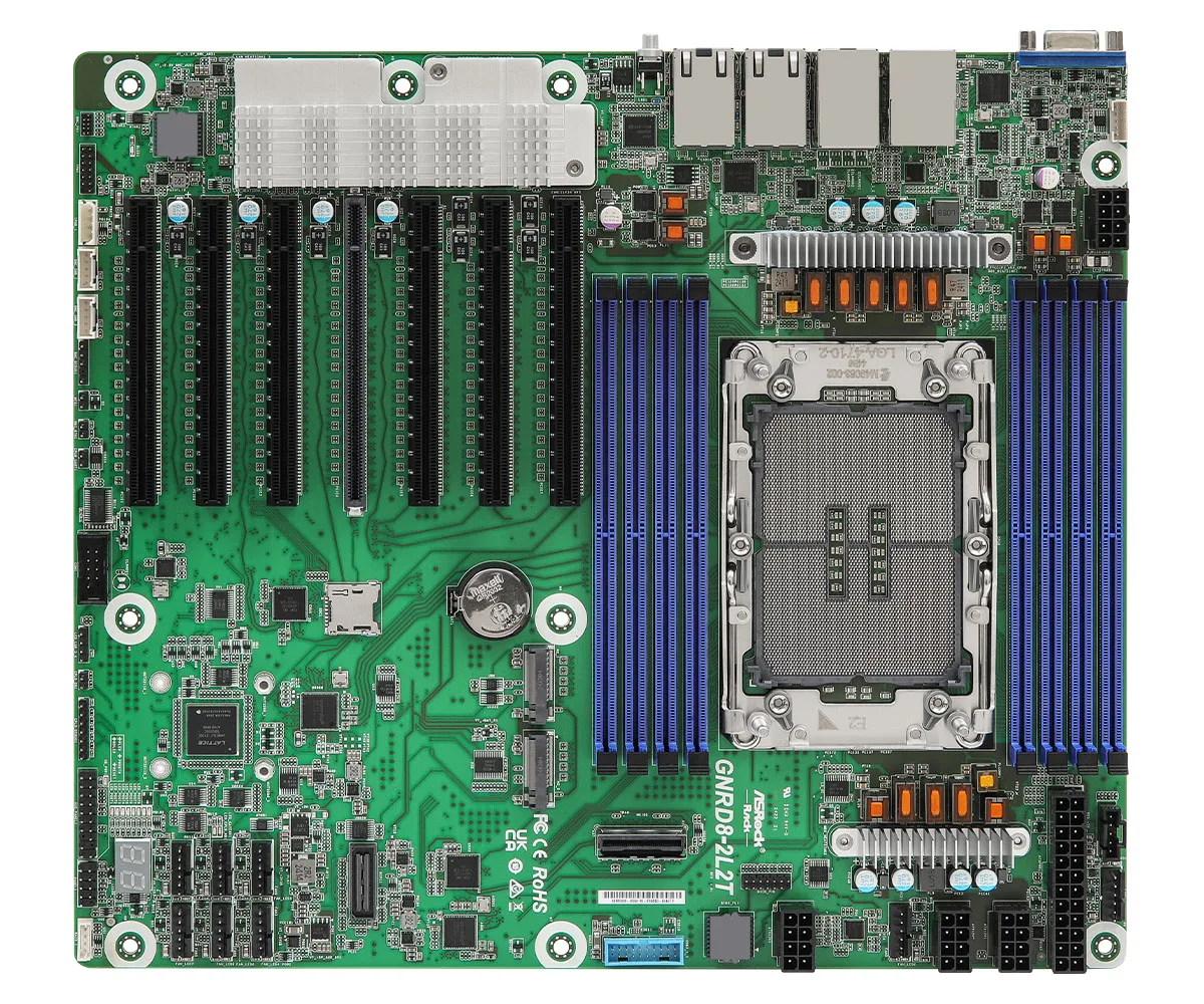 Green CEB server board with single LGA 4710 socket eight DDR5 slots seven full-length PCIe slots two M.2 sockets four RJ45 ports