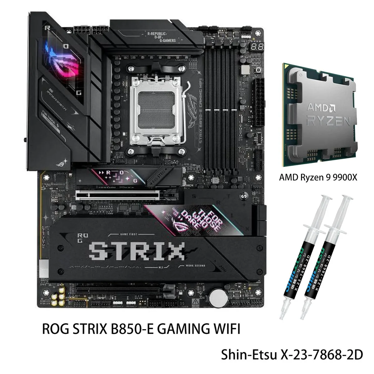 ASUS ROG Strix B850-E motherboard and Ryzen 9 9900X CPU combo in ATX form factor with dark metallic finish