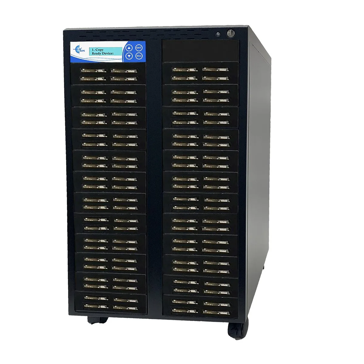 Rectangular tower duplicator with 95 CompactFlash slots, matte black finish
