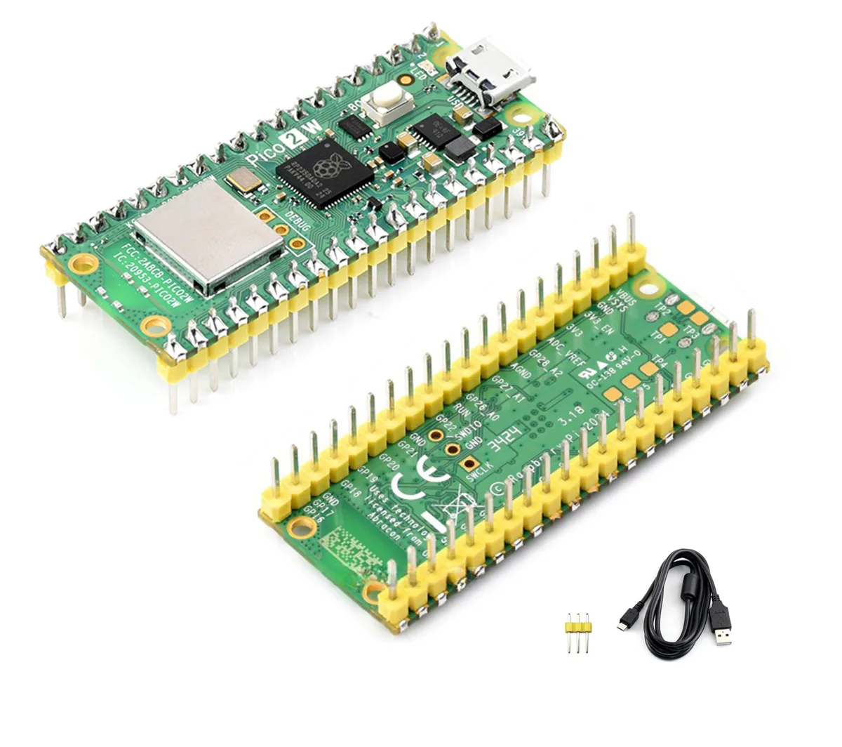 Small green circuit board with yellow pin headers and USB cable