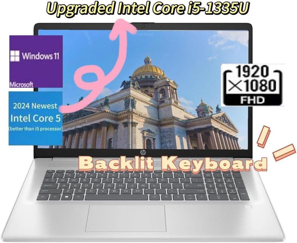 Silver 17.3 inch laptop with full-size backlit keyboard and numeric keypad