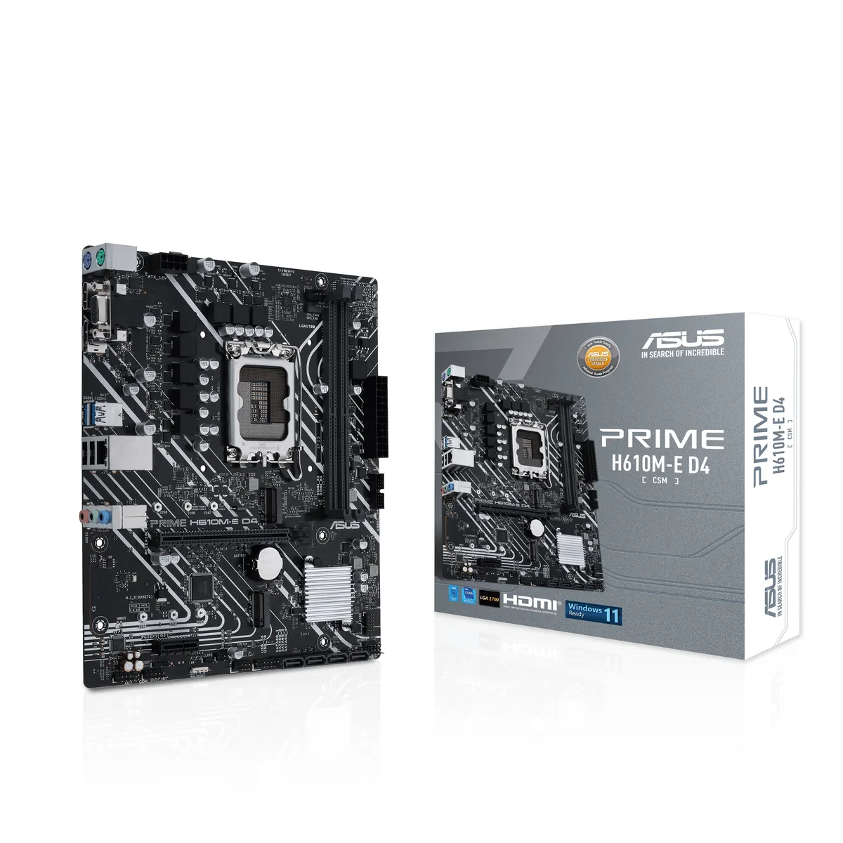 ASUS PRIME H610M-E D4-CSM mATX motherboard, matte black PCB, silver heatsinks, LGA 1700 socket, four RAM slots, PCIe x16 slot
