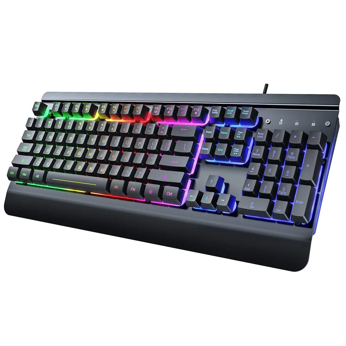 Black metal gaming keyboard with integrated wrist rest and rainbow backlighting