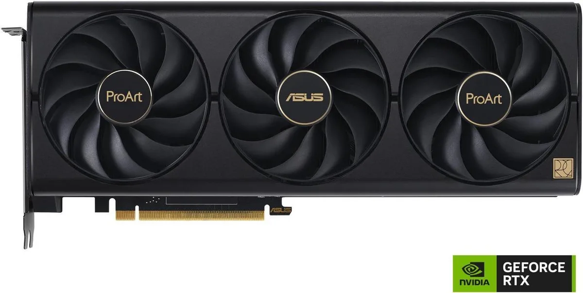 ASUS ProArt GeForce RTX 4080 graphics card with three axial-tech fans and 2.5-slot metal shroud