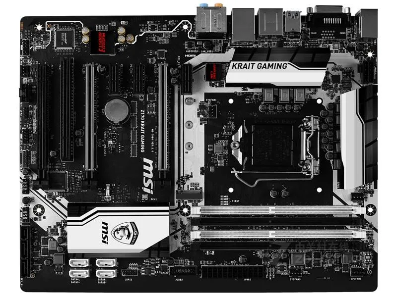 Black ATX motherboard with white and silver accents, LGA 1151 socket, four DDR4 slots, three full-length PCIe x16 slots