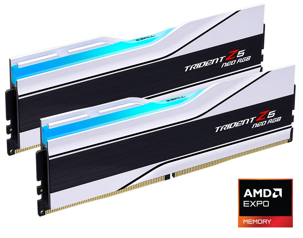 Two white DDR5 memory sticks with RGB lighting and CNC-striped aluminium heatspreaders