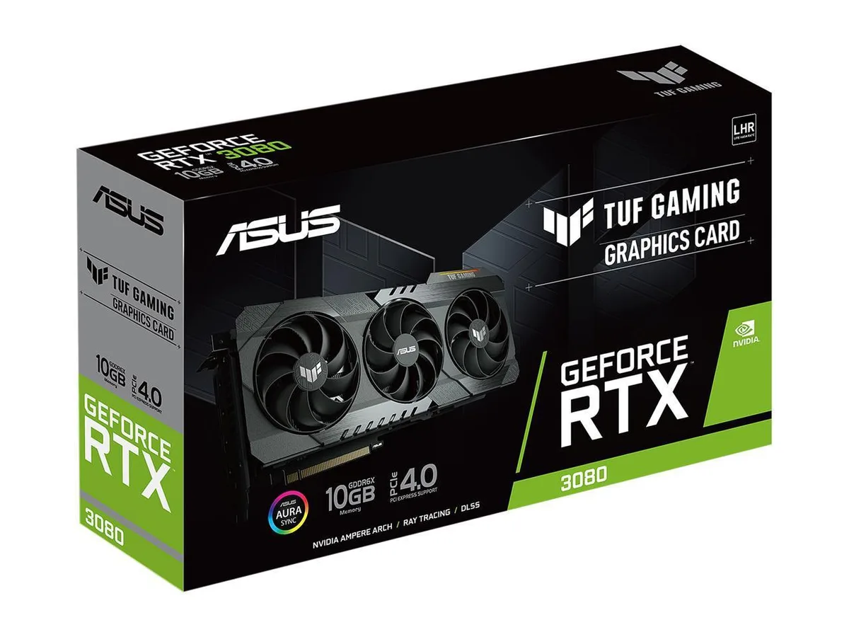 ASUS TUF GeForce RTX 3080 V2 graphics card with three axial-tech fans and all-metal shroud