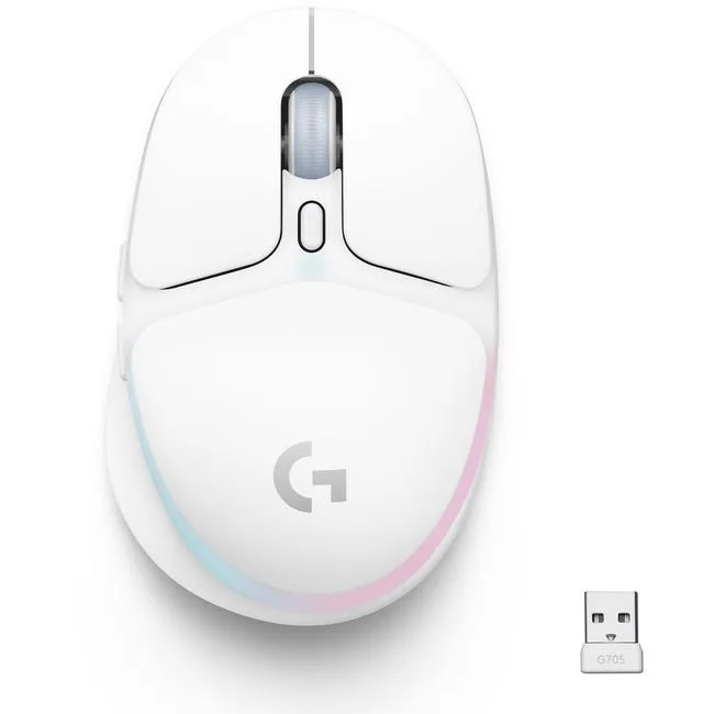 Compact white wireless mouse with sculpted thumb rest and subtle RGB lighting
