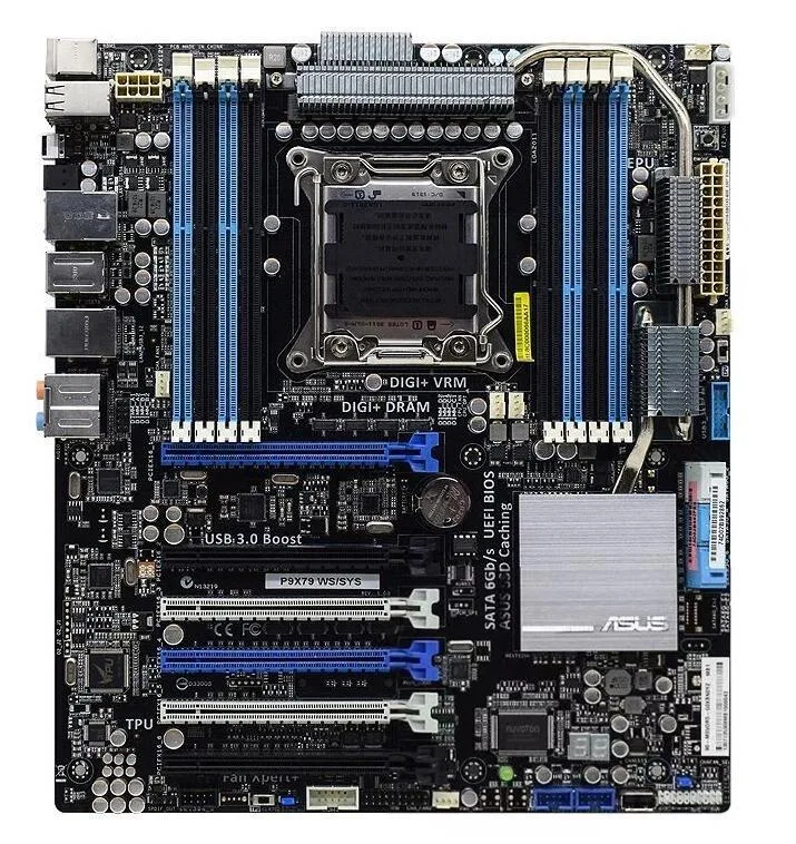 ATX motherboard, dark PCB with silver heatsinks and LGA 2011 socket