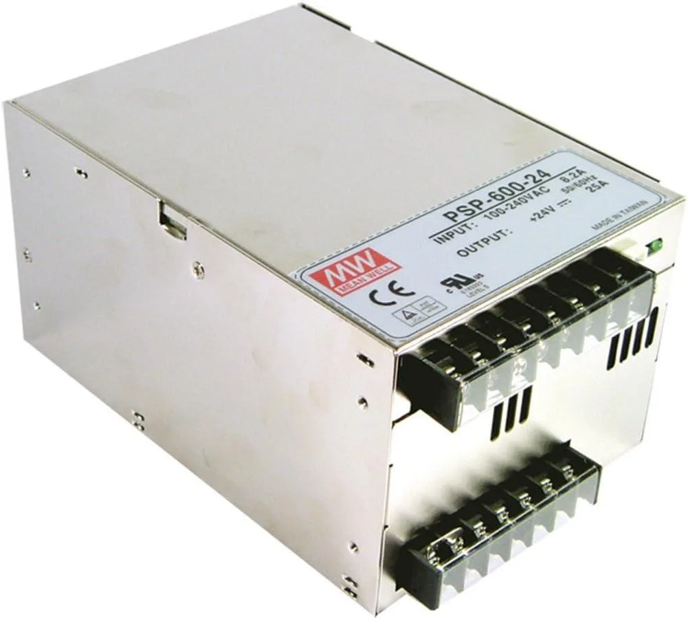 Rectangular metal power supply unit with built-in fan and ventilation grille