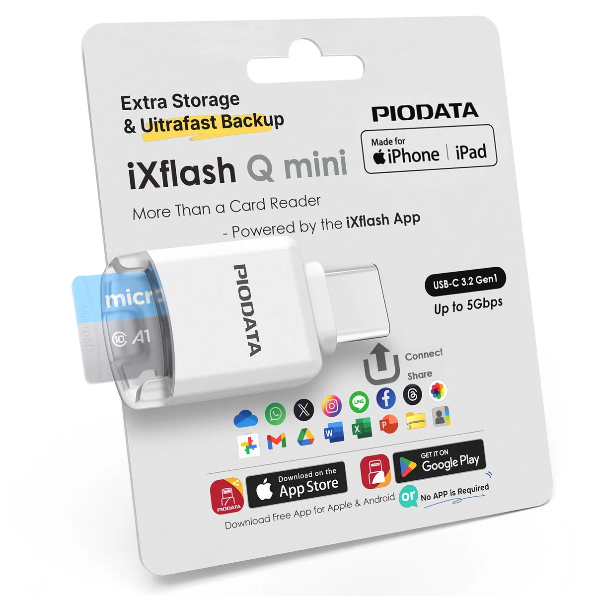PIODATA PIODATA iXflash Q mini USB 3.2 MicroSD Card Reader White — 商品写真