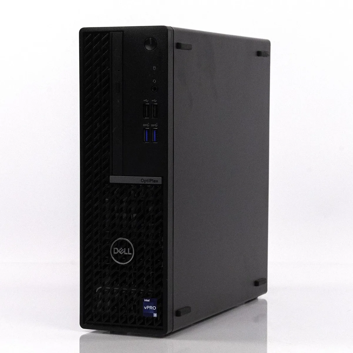 Compact small-form-factor desktop in matte black finish with front USB ports and power button