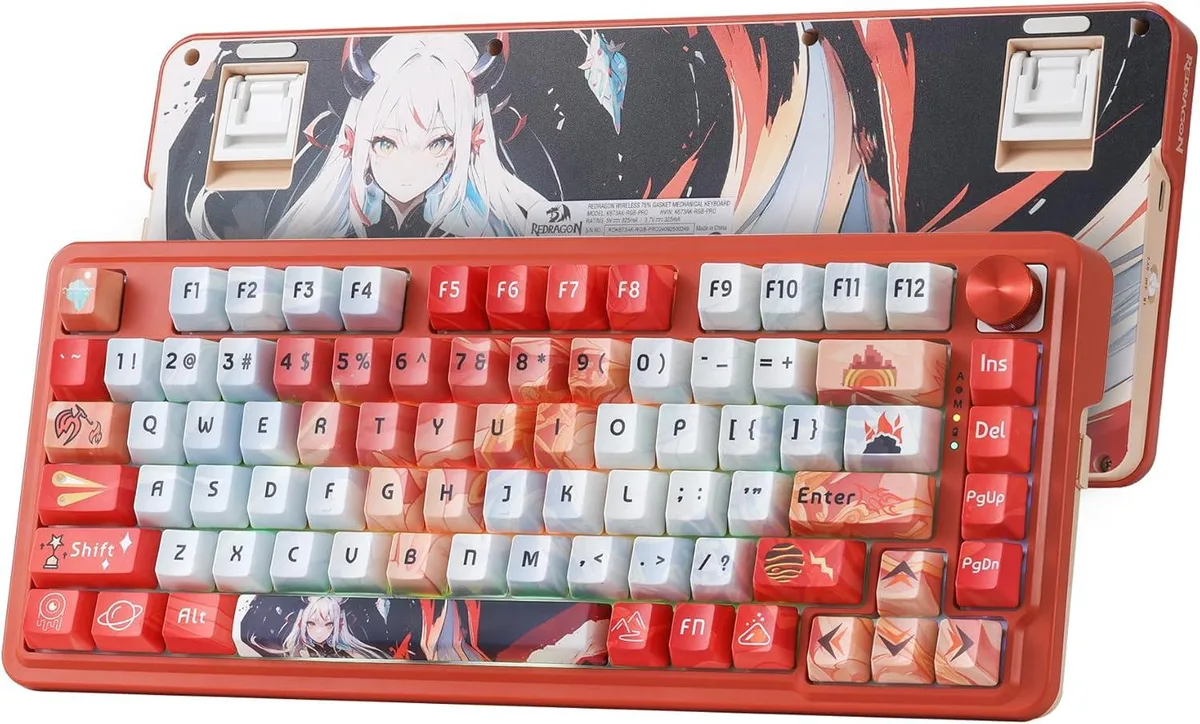 Compact 75% wireless keyboard with themed PBT keycaps and a rotary knob