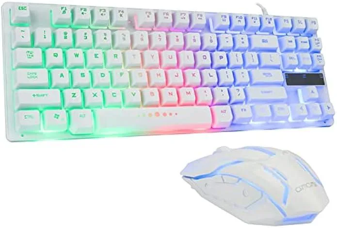 White compact 87-key keyboard with rainbow backlight and matching wired mouse