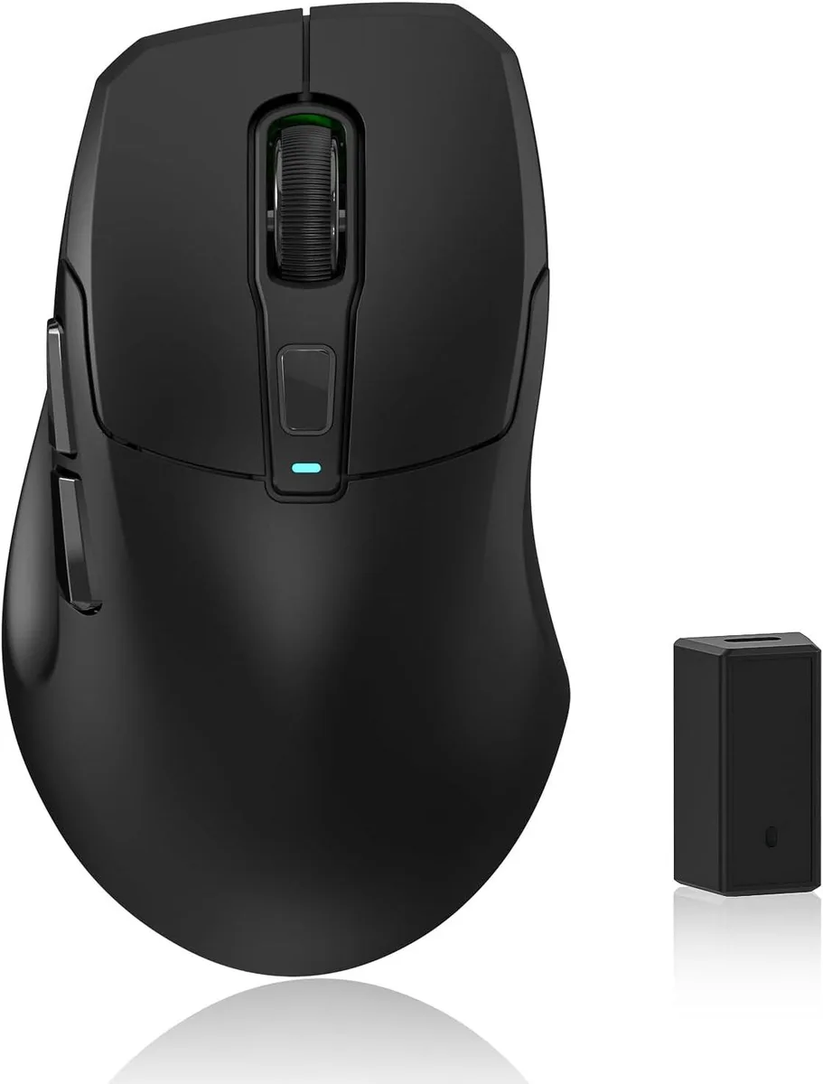 Black wireless gaming mouse with ergonomic shape and ice-cooling coating