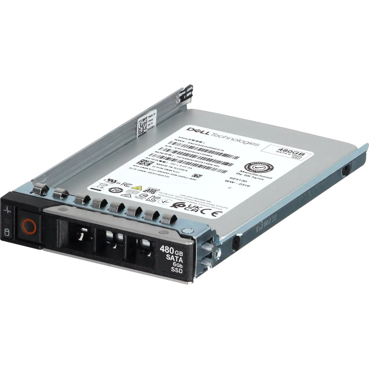 A 2.5 inch SATA SSD with a black metal casing and a green circuit board visible on the underside