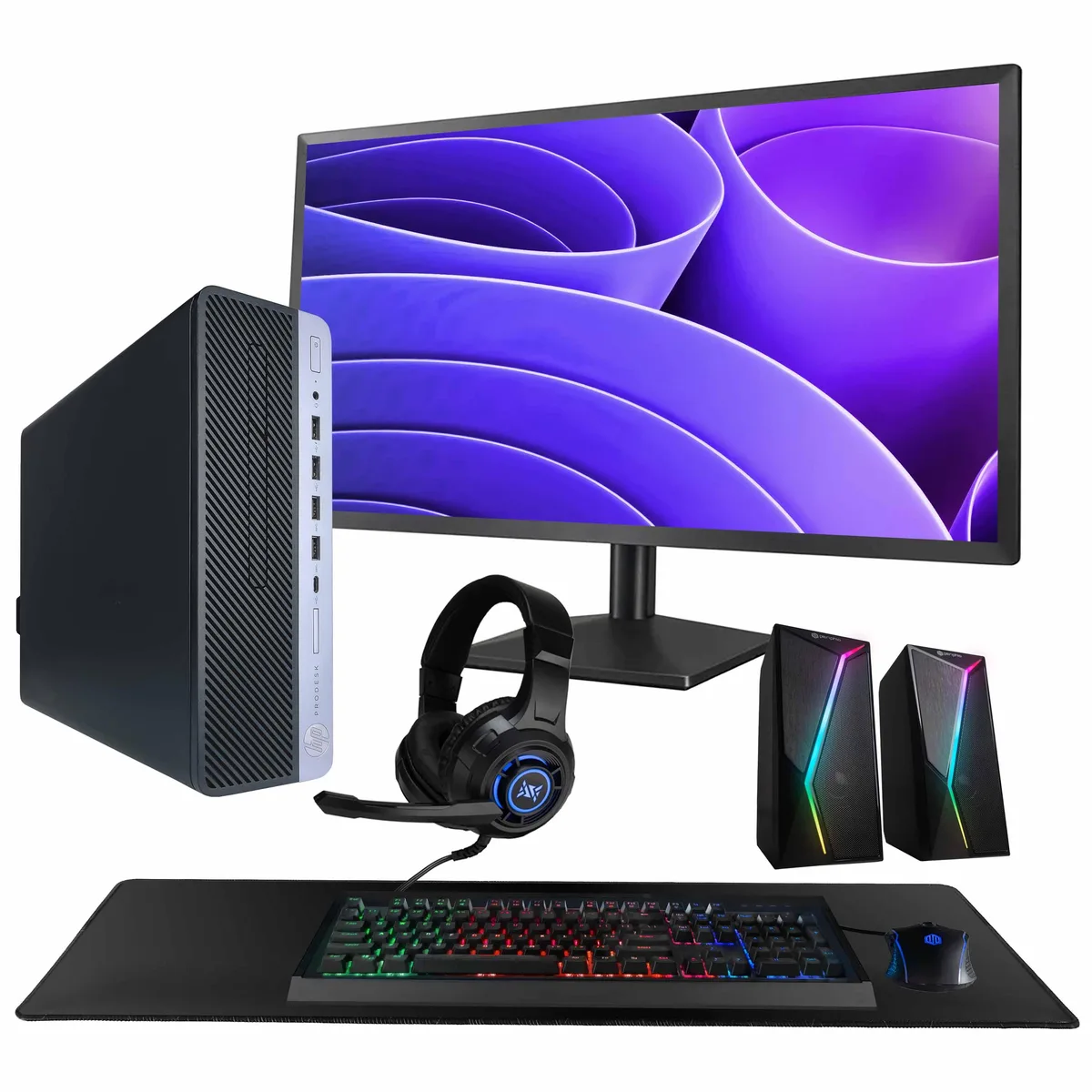 Black and silver desktop tower with 24 inch monitor, keyboard, mouse, speakers, headset and mouse pad