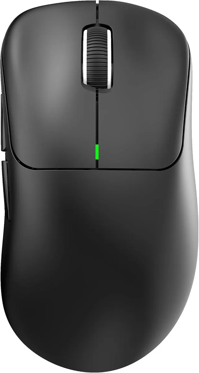 Black lightweight right-handed ergonomic gaming mouse with six buttons and USB-C charging cable