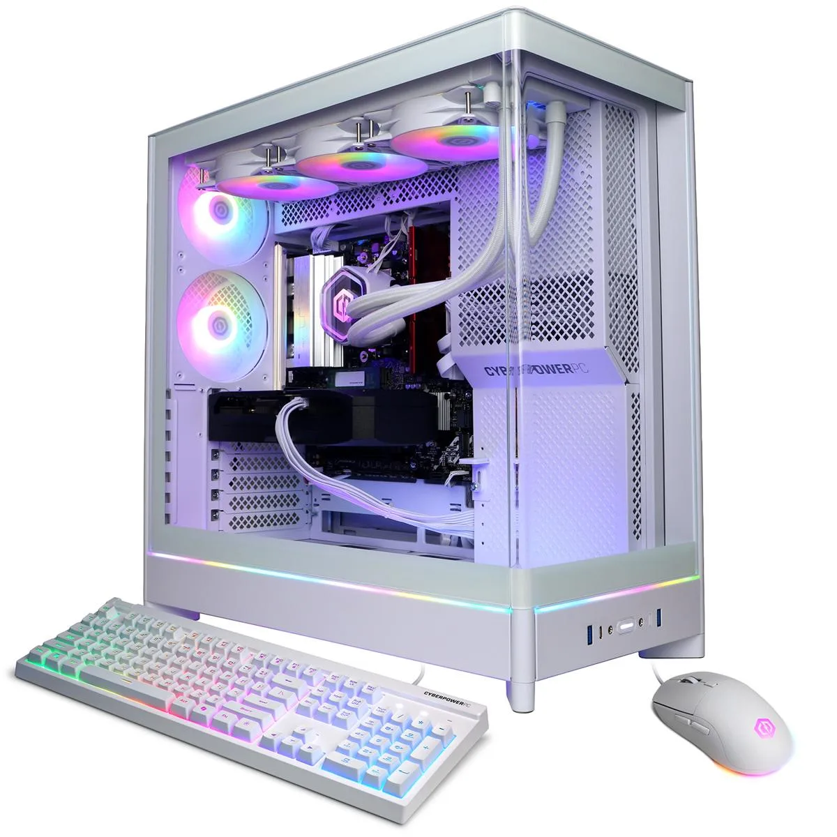 White mid-tower gaming desktop with RGB liquid cooling visible