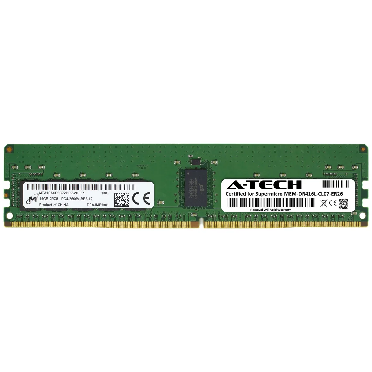 Green circuit board DDR4 RDIMM module with black memory chips and gold edge connectors