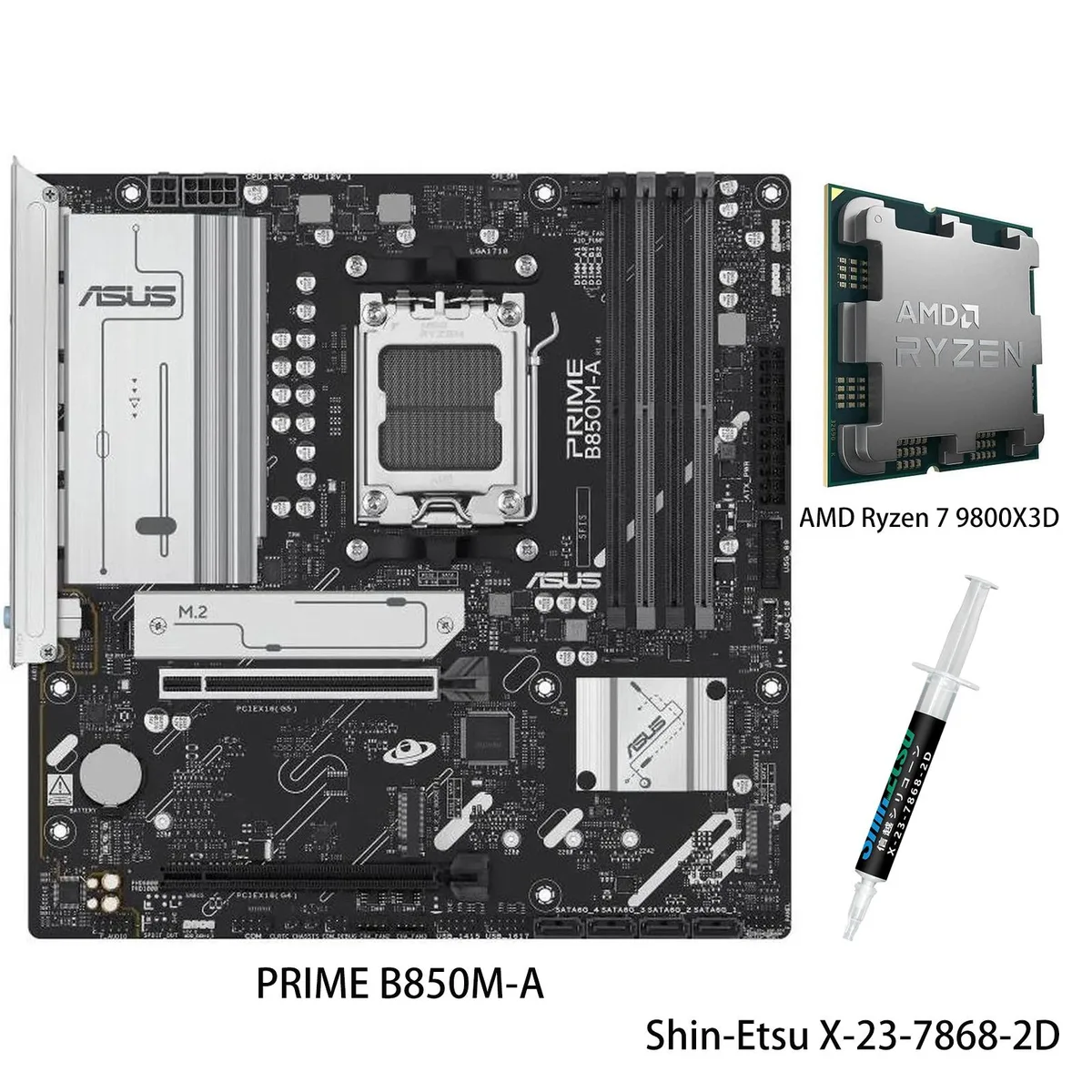 ASUS PRIME B850M-A micro-ATX motherboard with Ryzen 7 9800X3D CPU installed