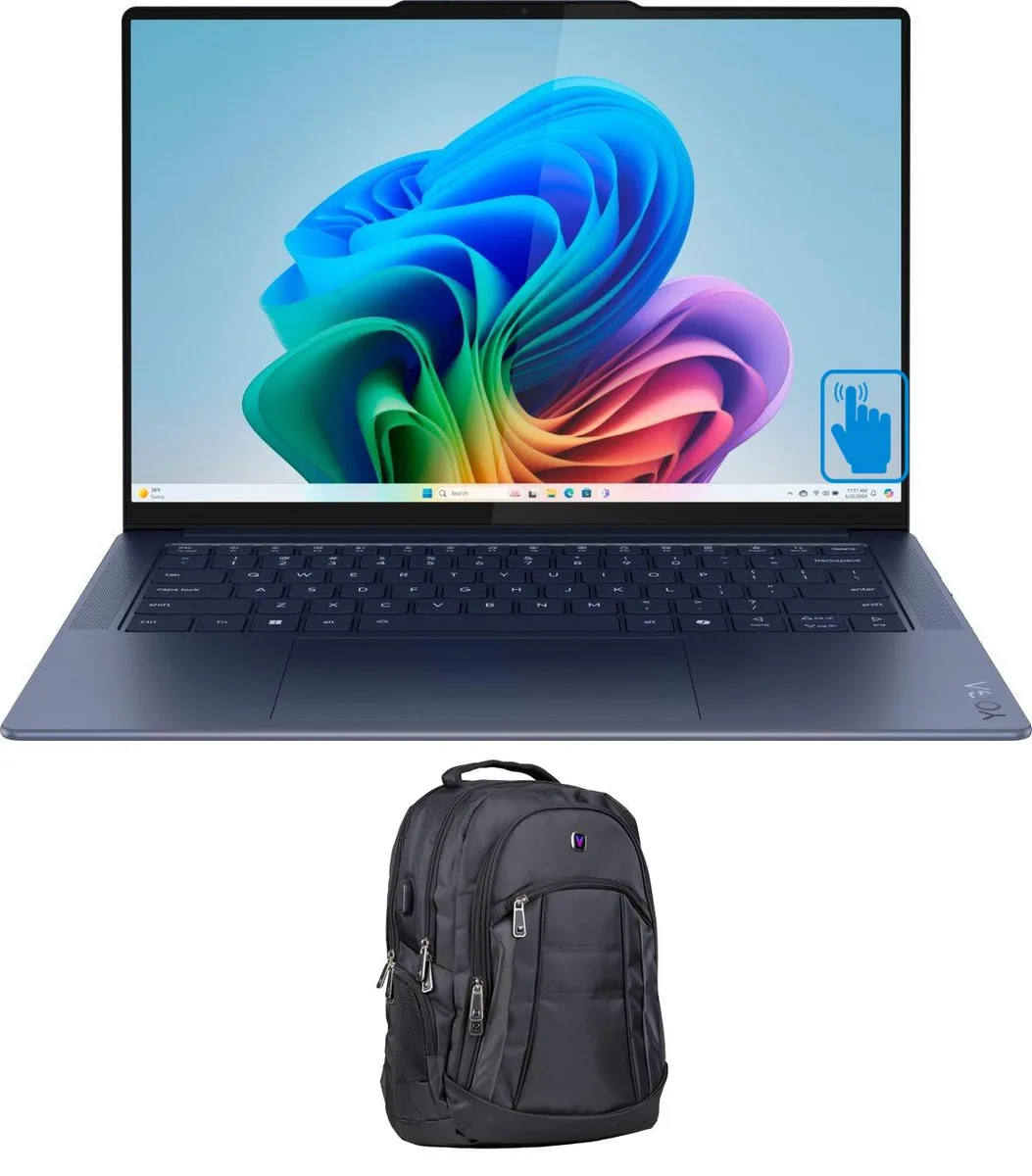 Cosmic Blue ultra-slim laptop with 14.5 inch OLED touchscreen and black 1680D polyester backpack