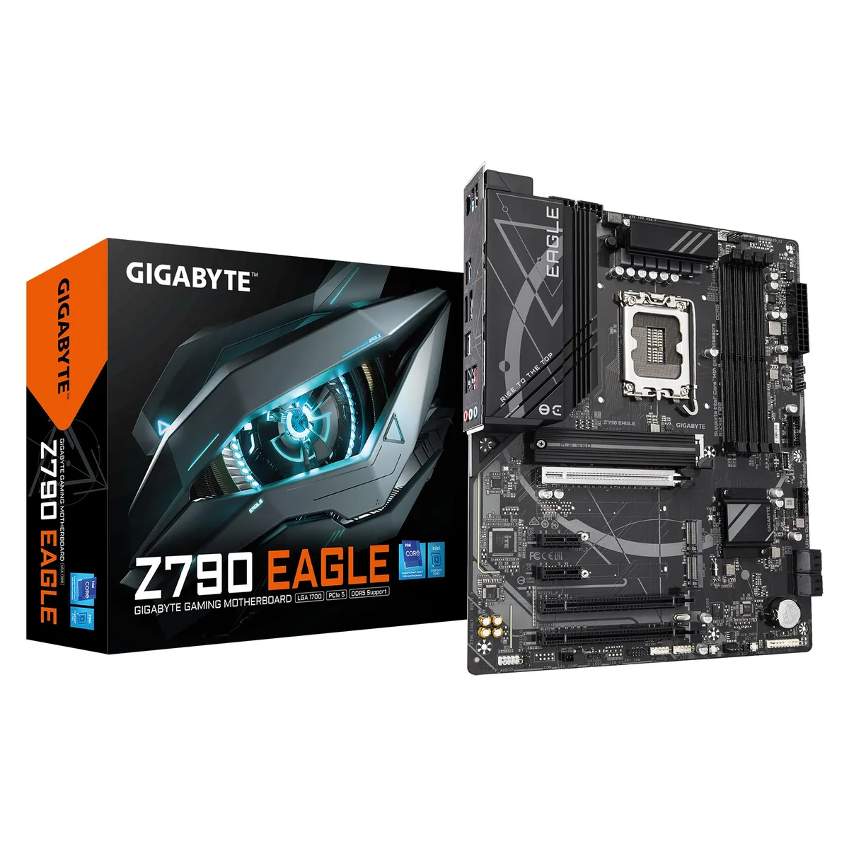ATX motherboard with silver heatsinks and black PCB