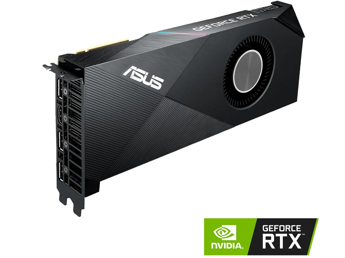 ASUS Turbo RTX 2070 SUPER dual-slot graphics card, silver metal shroud with single blower fan, rear I/O bracket showing one HDMI