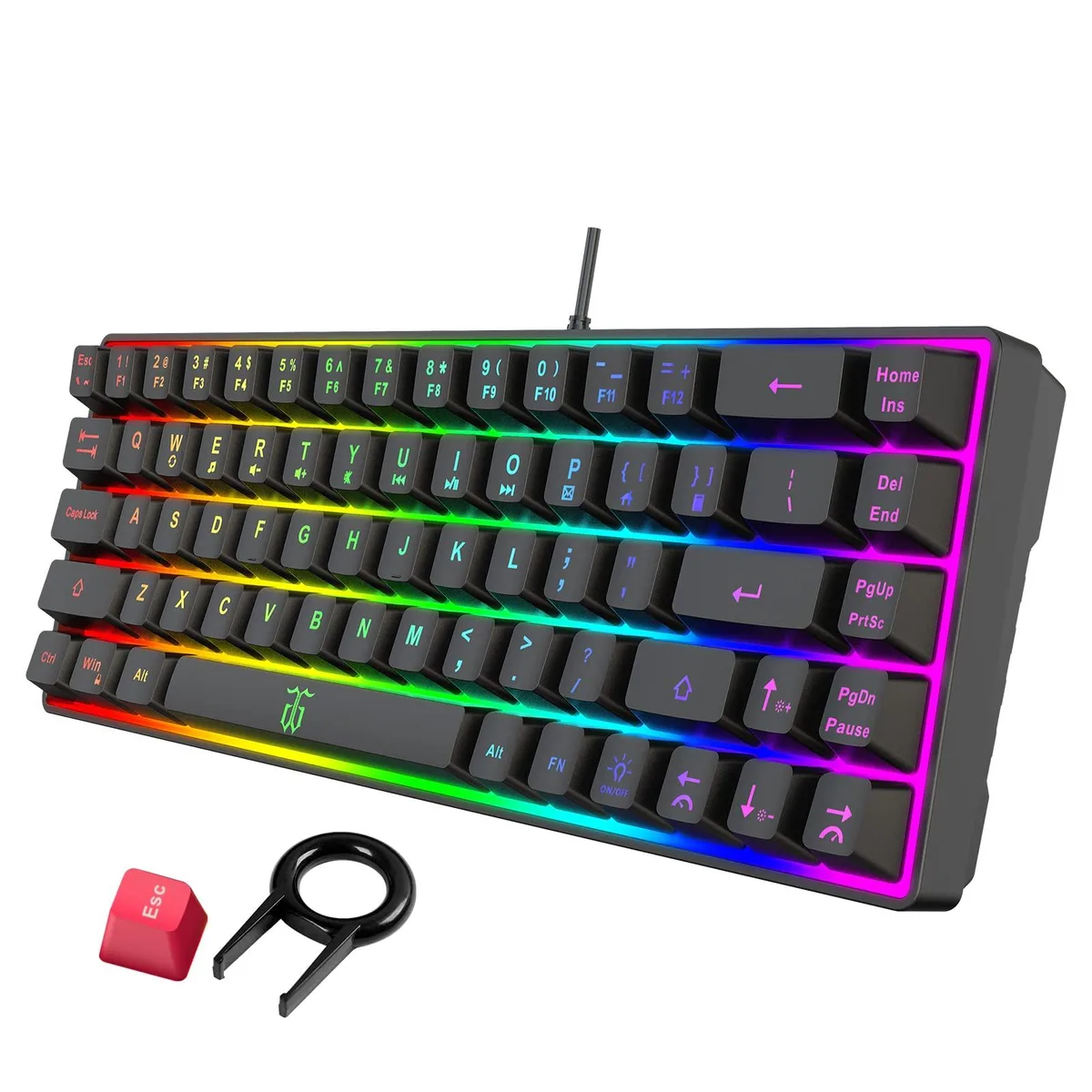 Compact black wired gaming keyboard with 68 keys and RGB backlighting