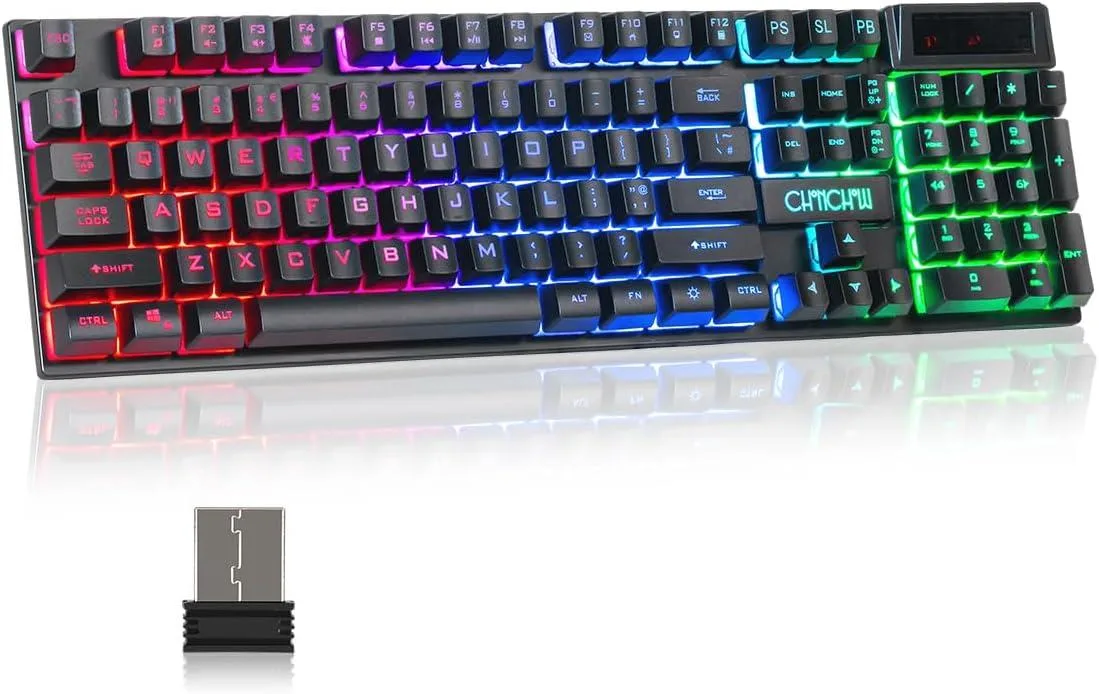 Full-size wireless keyboard with rainbow LED backlighting, arc keycaps and foldable feet