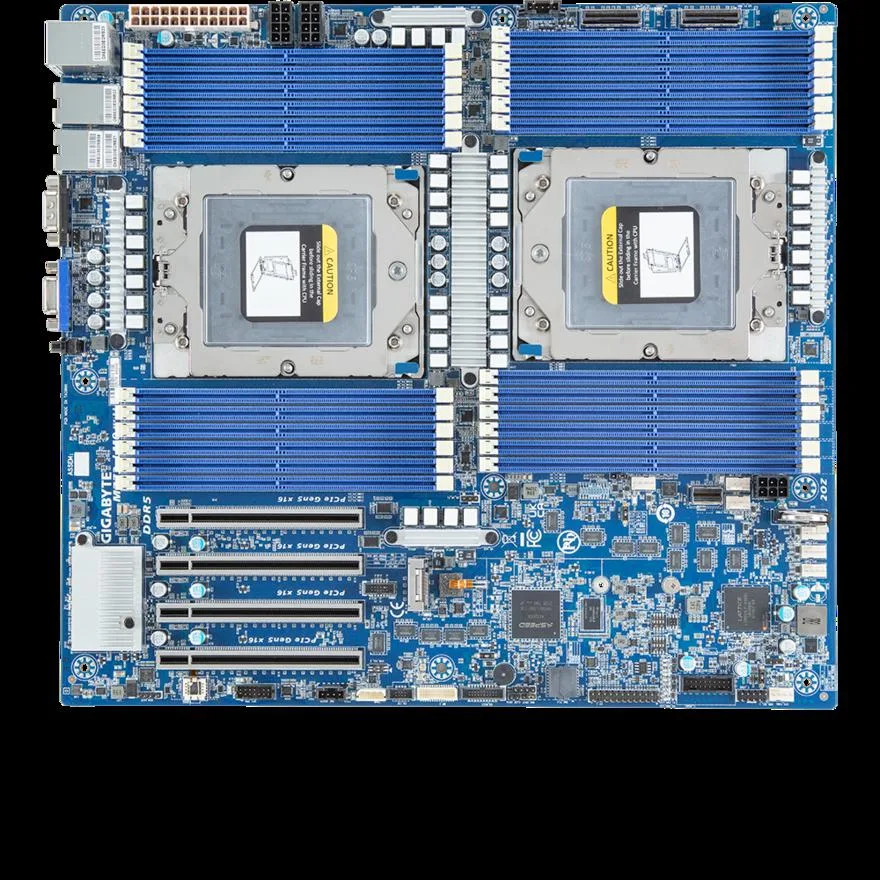 Green E-ATX server motherboard, dual SP5 sockets, 24 DDR5 slots, four full-length PCIe 5.0 x16 slots, dual 10G RJ45 LAN, M.2 slot